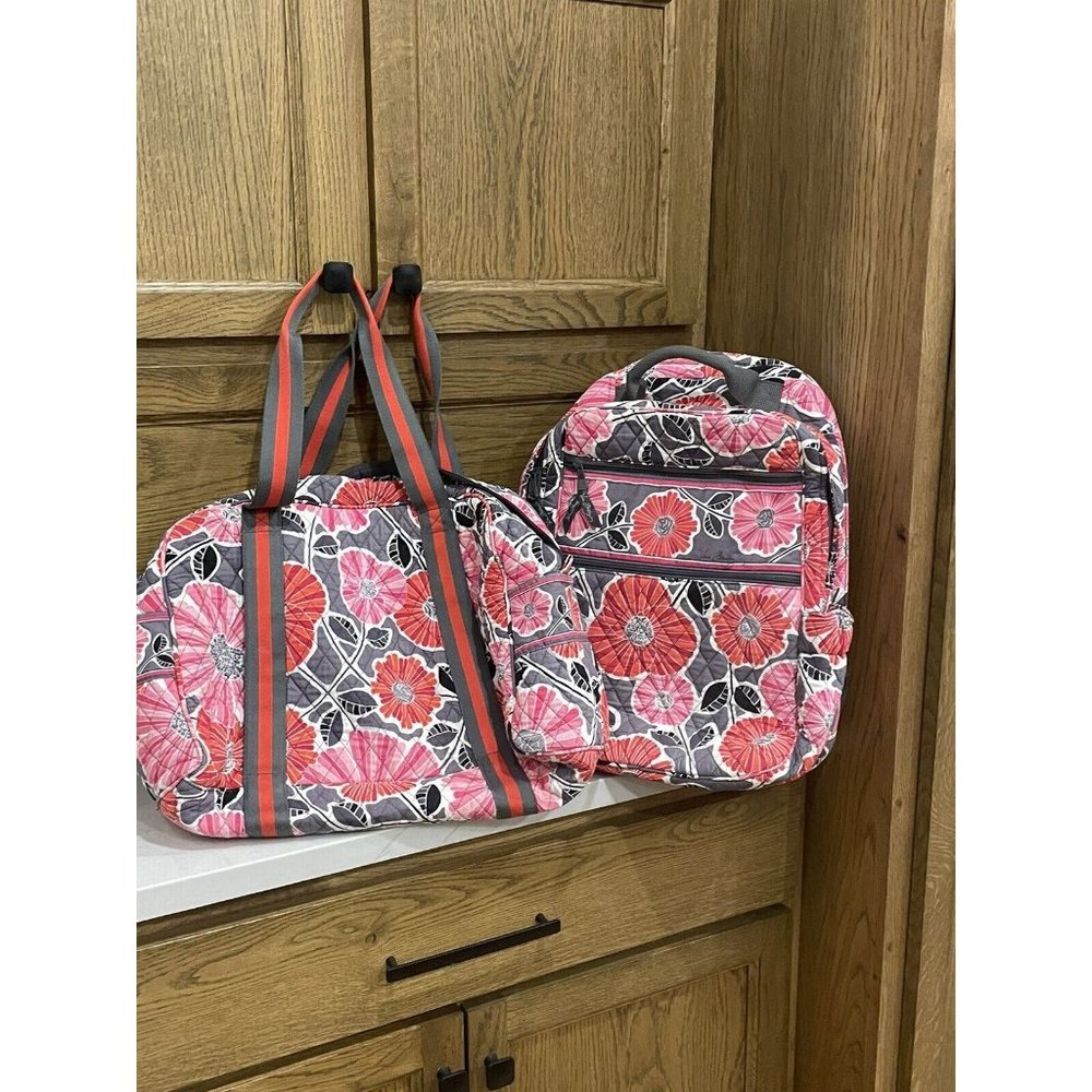 Retired Vera Bradley 2014 Cherry Blossoms Backpack Book Bag & Gym Bag Pink Gray